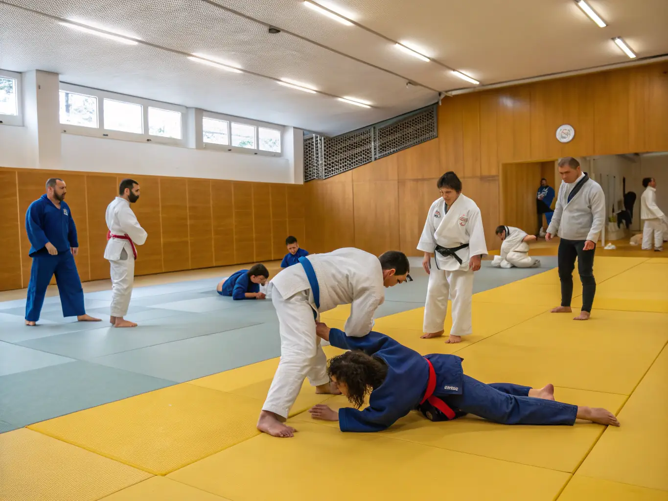 A focused image of jujitsu practitioners demonstrating a grappling technique, highlighting the precision and control involved in the art. The setting is a traditional dojo, emphasizing the historical roots of jujitsu.