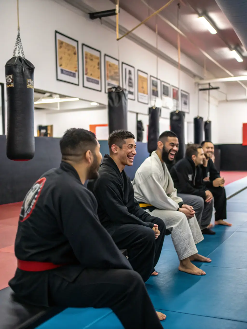 A heartwarming image of Judo Club Severac Le Chateau members socializing after a training session, illustrating the strong sense of community within the club.