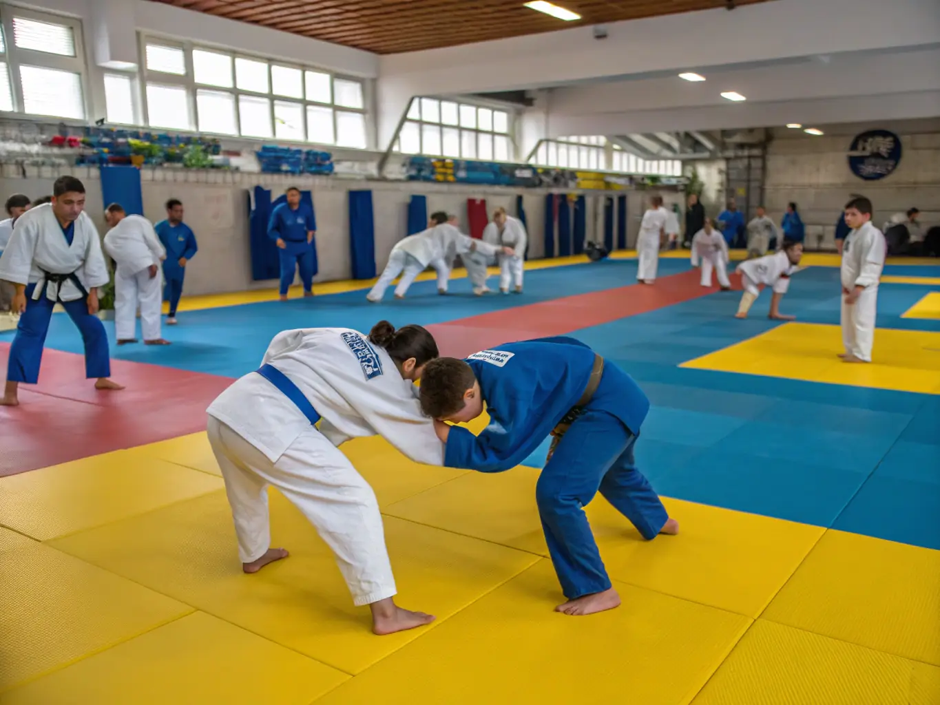 A dynamic shot of a judo class in action, with participants of various ages practicing throws under the guidance of a skilled instructor. The atmosphere is energetic and focused, showcasing the discipline and camaraderie of the sport.