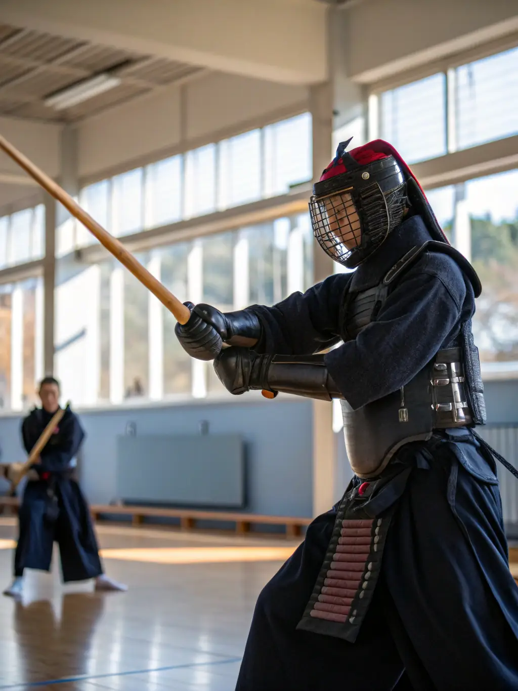 A group photo of Judo Club Severac Le Chateau members participating in a kendo session, emphasizing the discipline and tradition of the martial art.