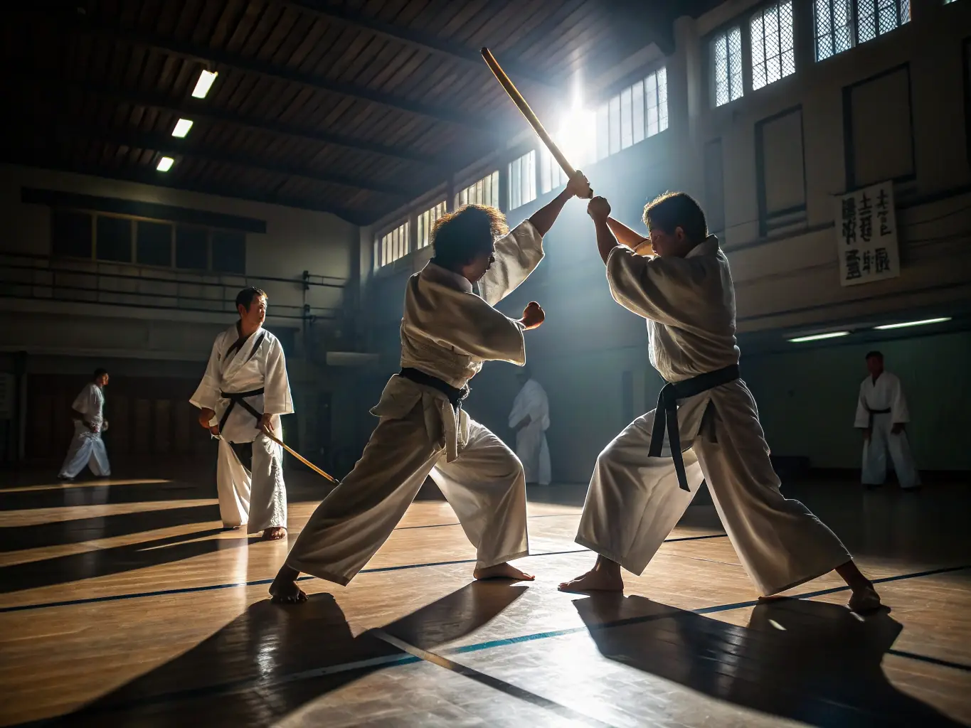 An action-packed photo of kendo students engaged in a sparring match, showcasing the speed, agility, and precision required in the sport. The protective gear and bamboo swords add to the visual intensity.