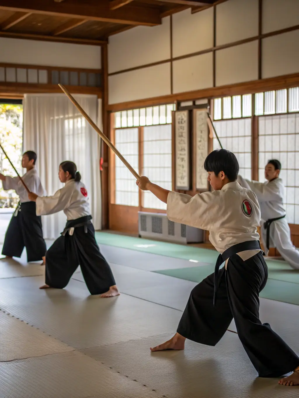 A serene photo of students practicing kendo drills with bamboo swords at JCSC, capturing the elegance and precision of the martial art.
