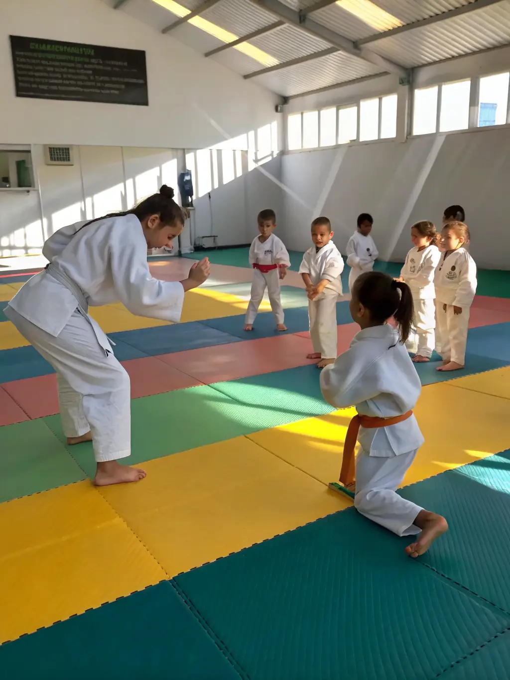 A dynamic action shot of children practicing judo techniques during a class at JCSC, showcasing their agility and focus.