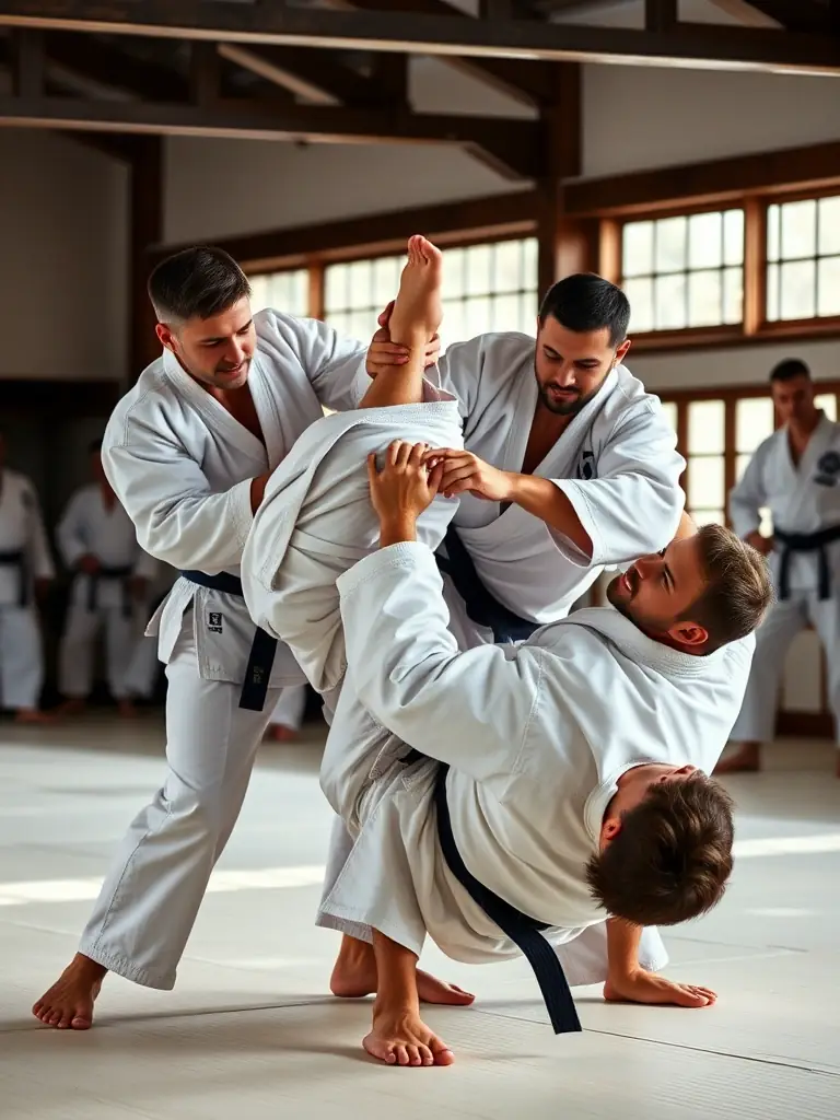 A dynamic image of Judo Club Severac Le Chateau members engaged in a judo training session, showcasing the intensity and focus of the practice.