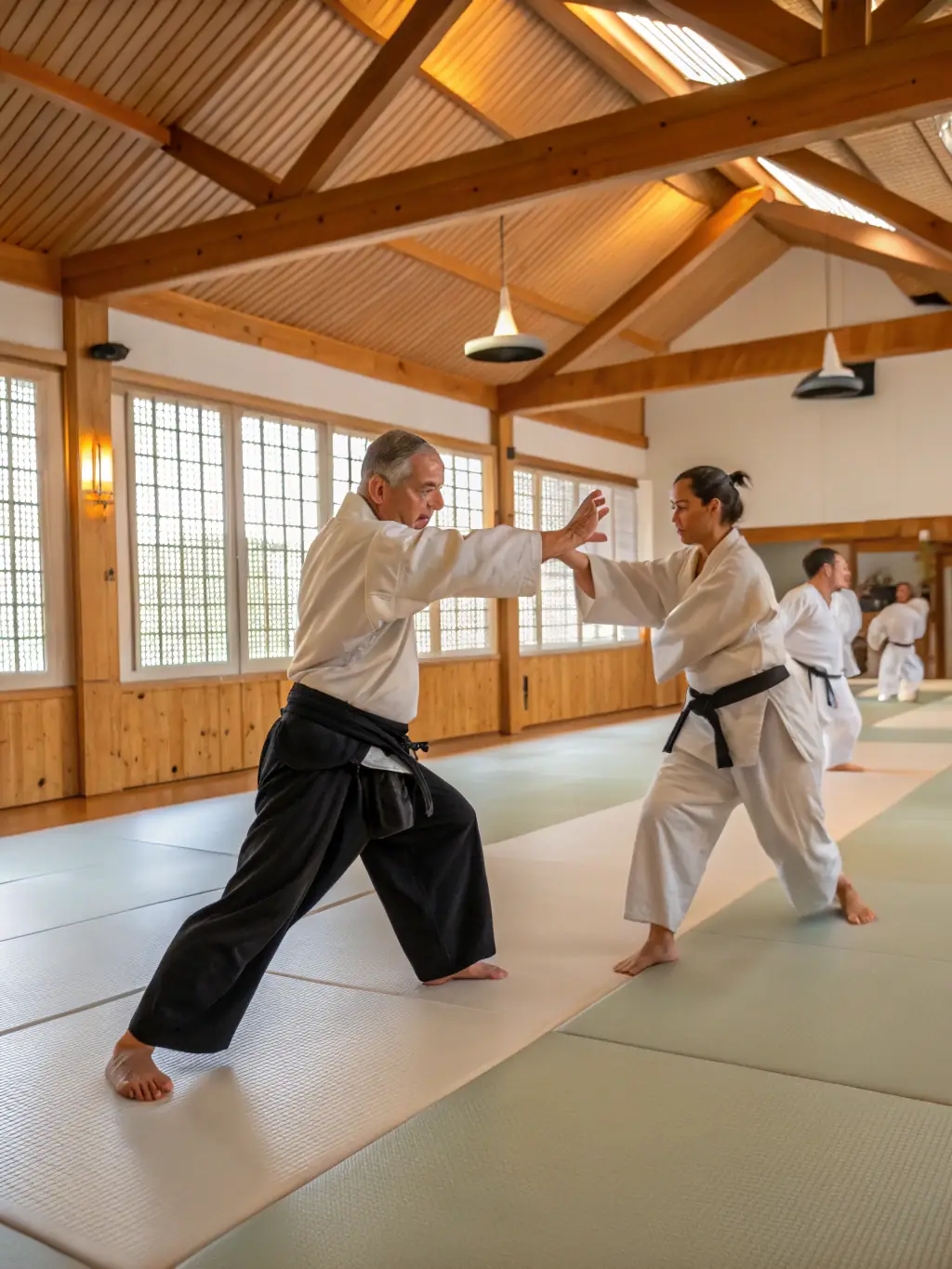 A focused image of adult students practicing jujitsu self-defense techniques at JCSC, highlighting the intensity and skill involved.